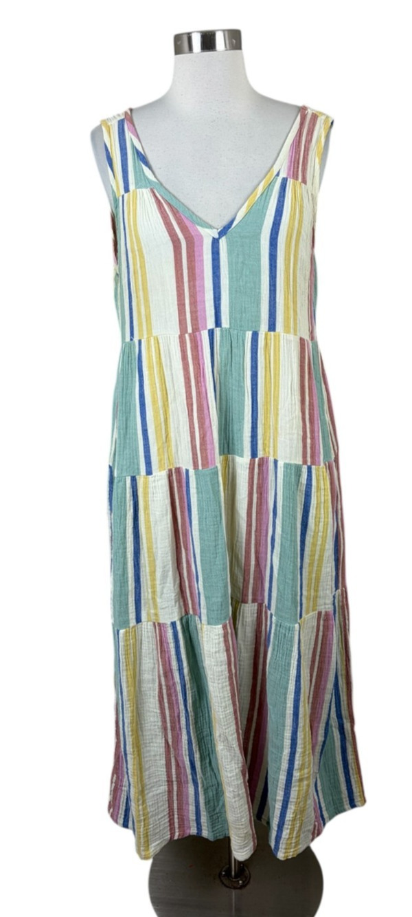 Marine Layer 100% Cotton Gauze V-Neck Tiered Maxi Dress Small Coastal Pockets